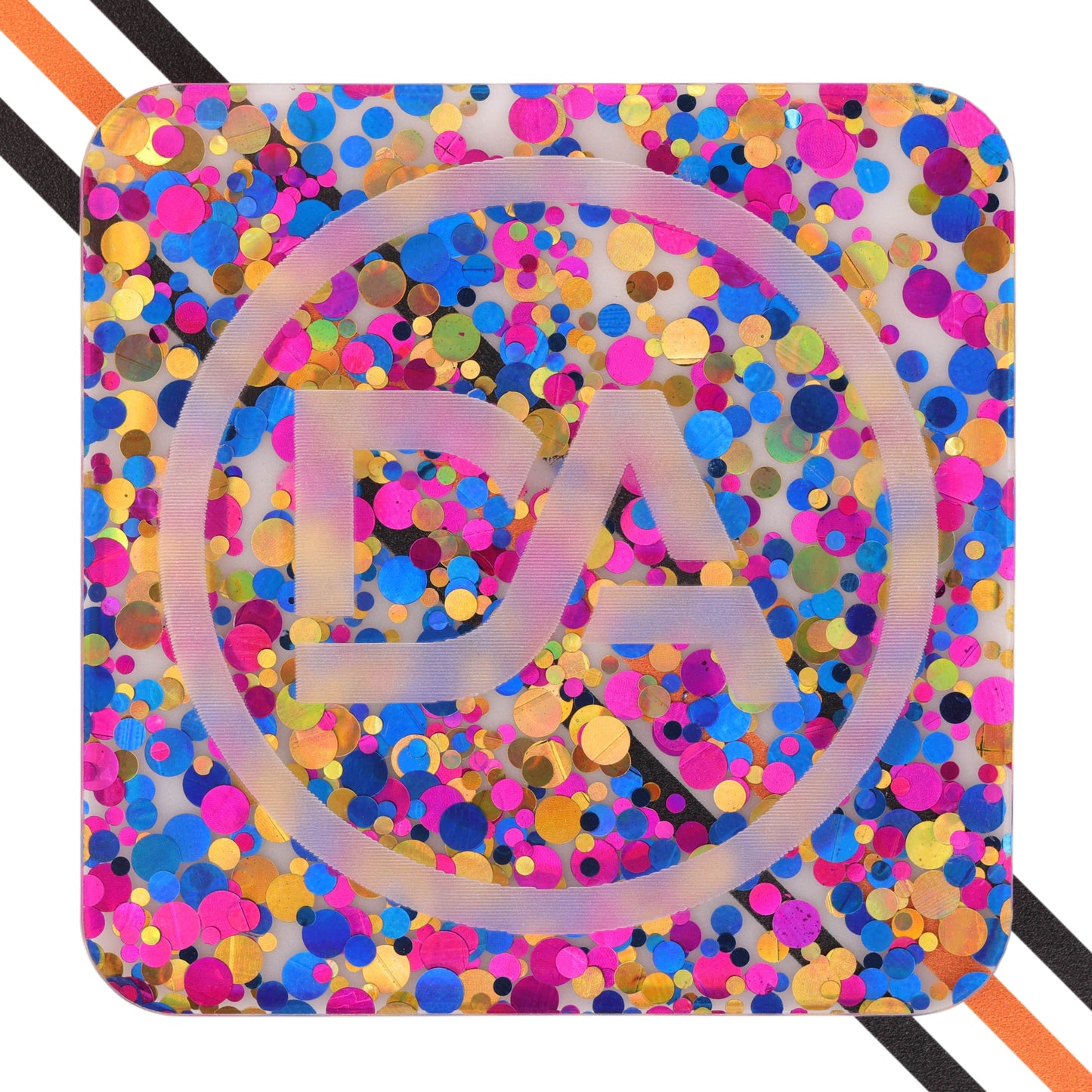 Clear acrylic with large primary colored polka dots in circus theme