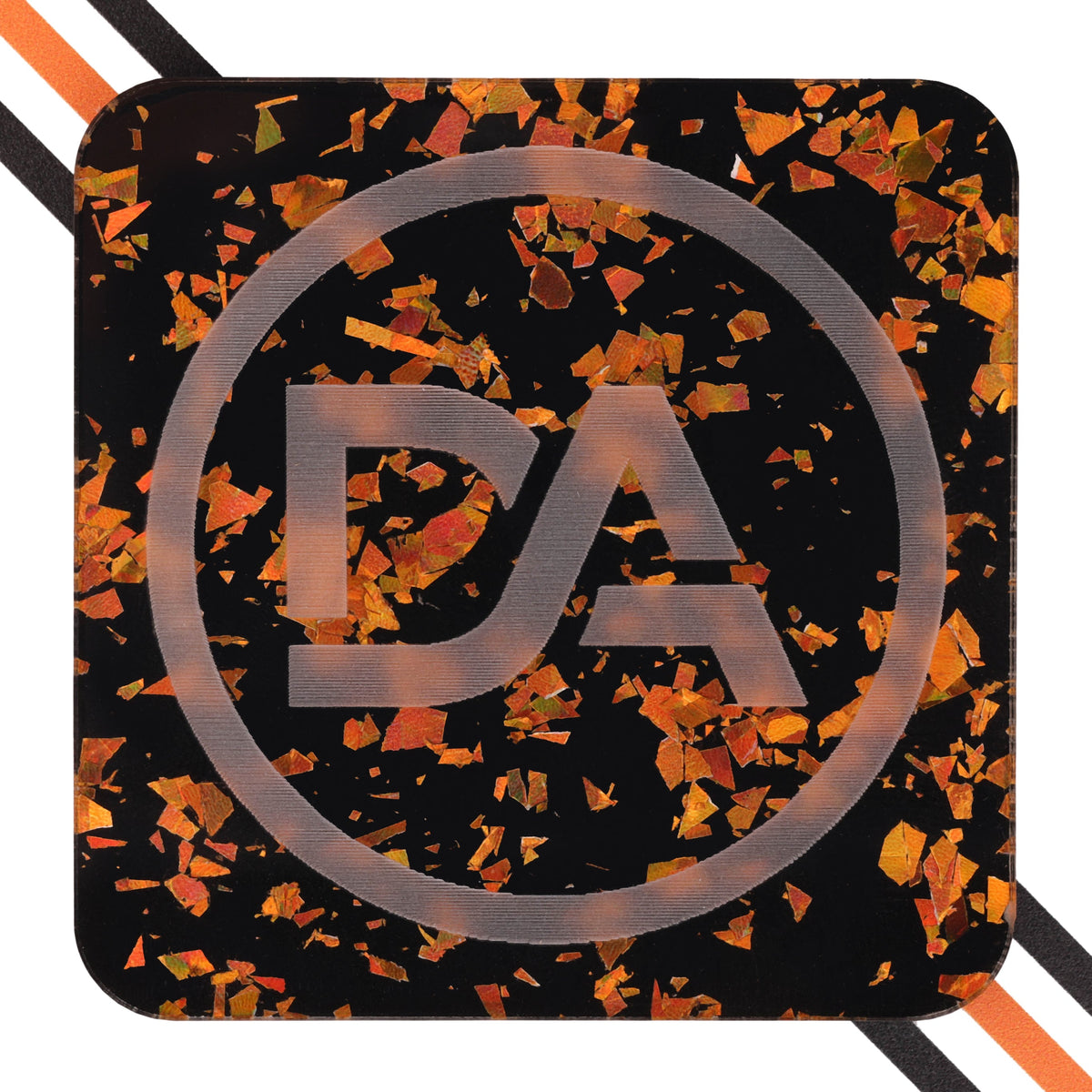 Black cast acrylic with bright orange flake highlights and glossy finish