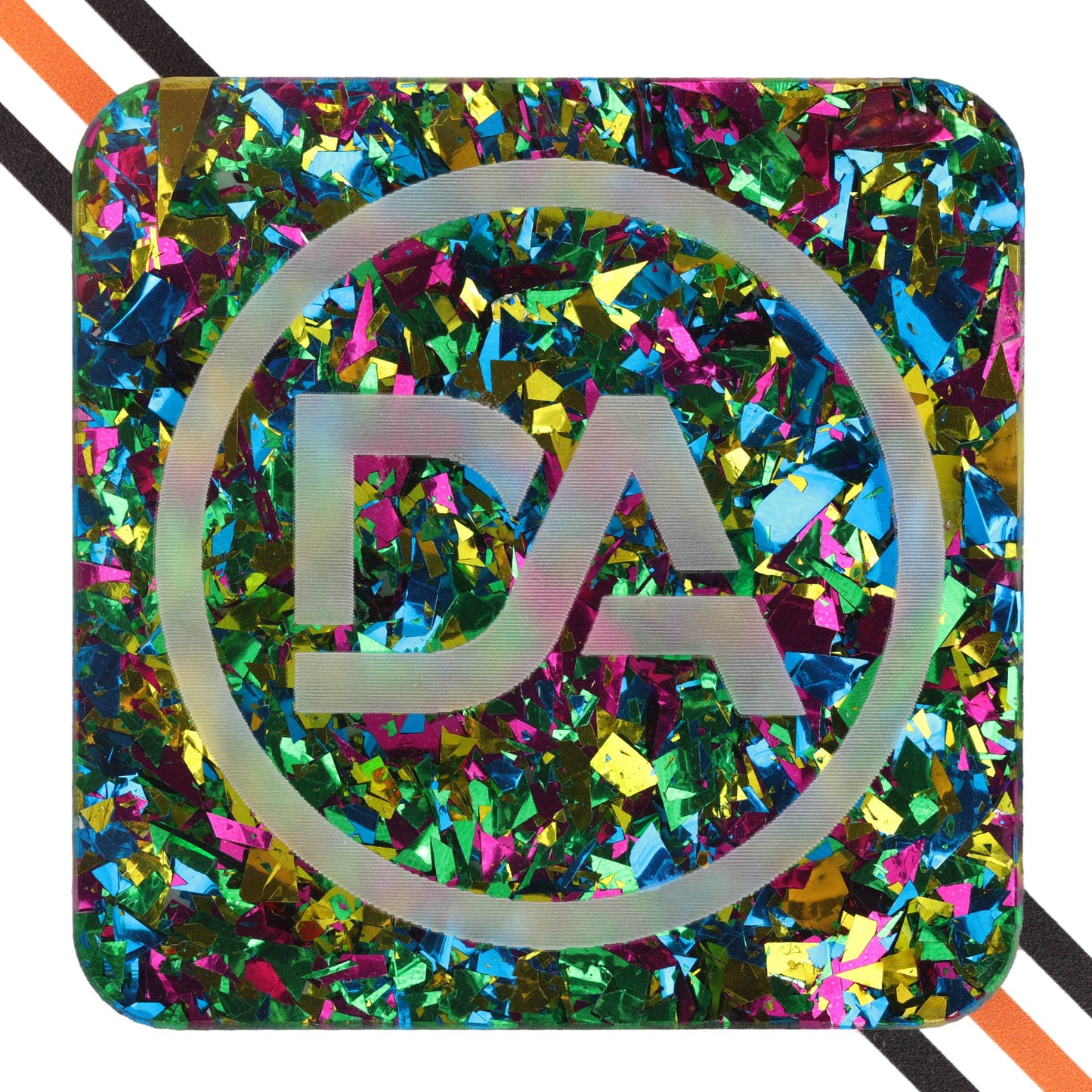 Thick clear acrylic sheet with multicolor peacock-toned confetti