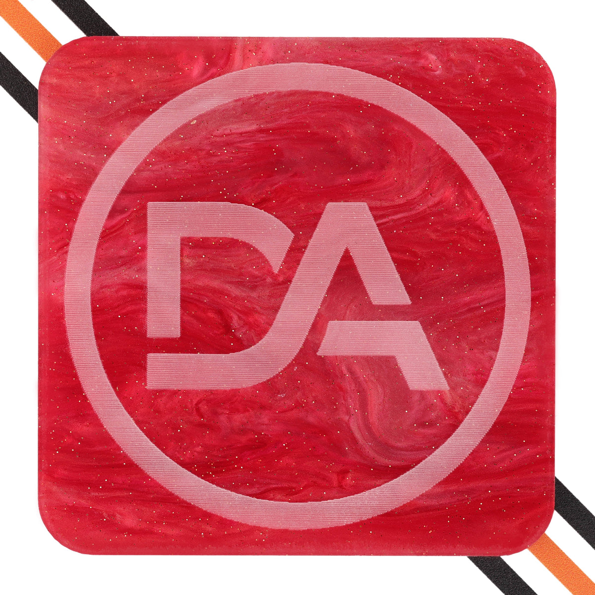 Red galaxy acrylic sheet with swirling cosmic pattern and glossy cast