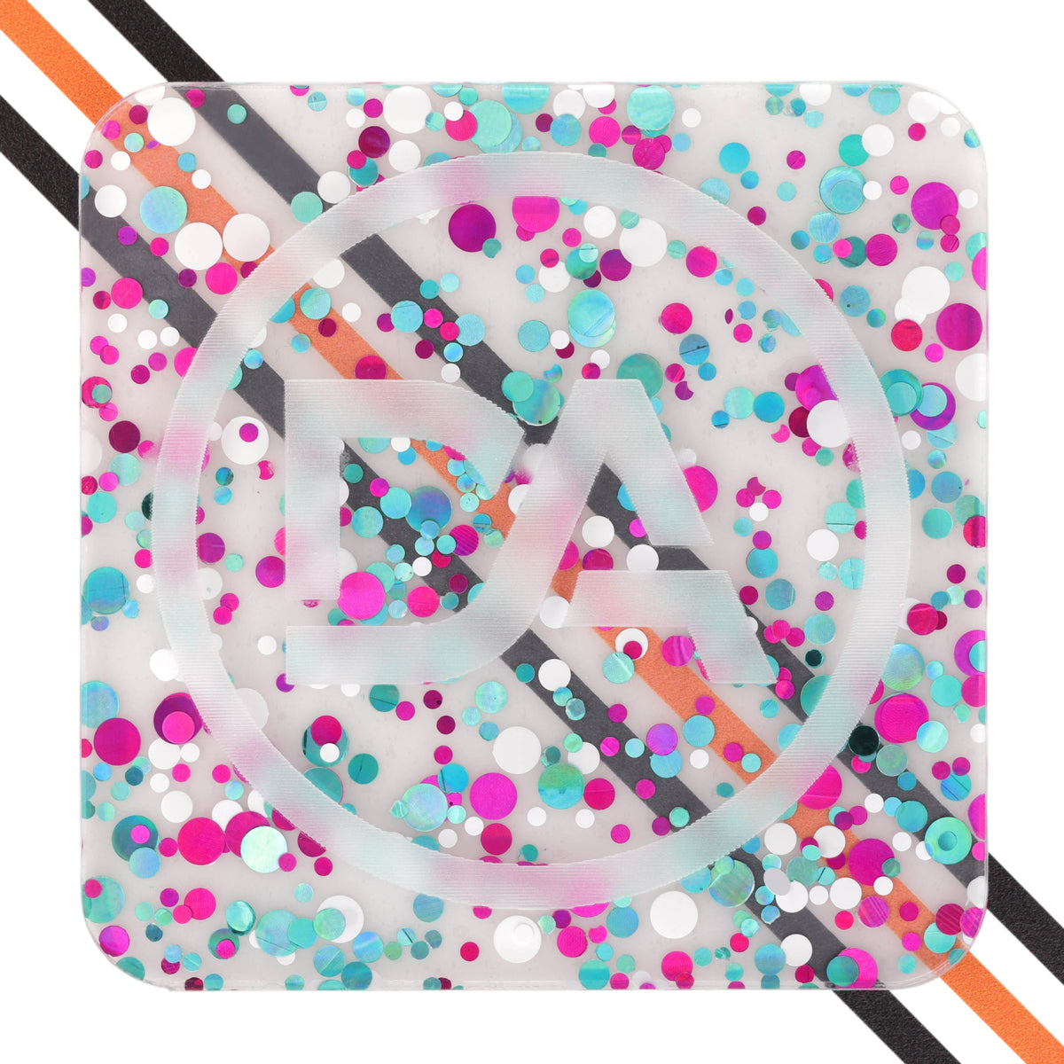 Clear acrylic sheet with bright teal and pink scattered polka dots