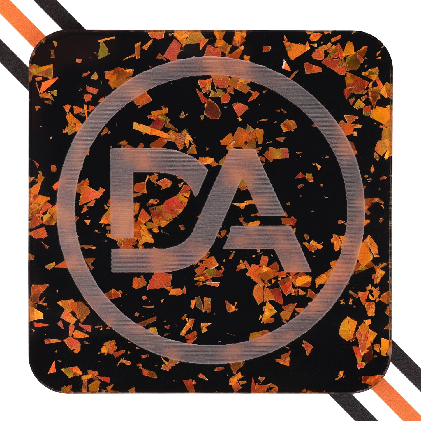 Black cast acrylic with bright orange flake highlights and glossy finish
