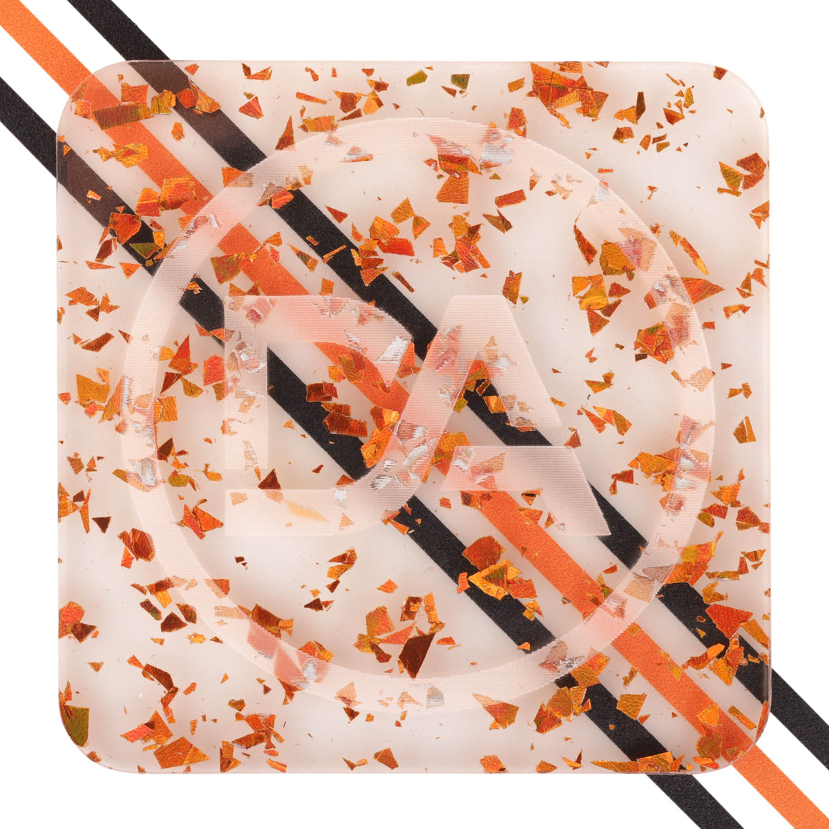 Clear acrylic with fiery orange foil shards embedded