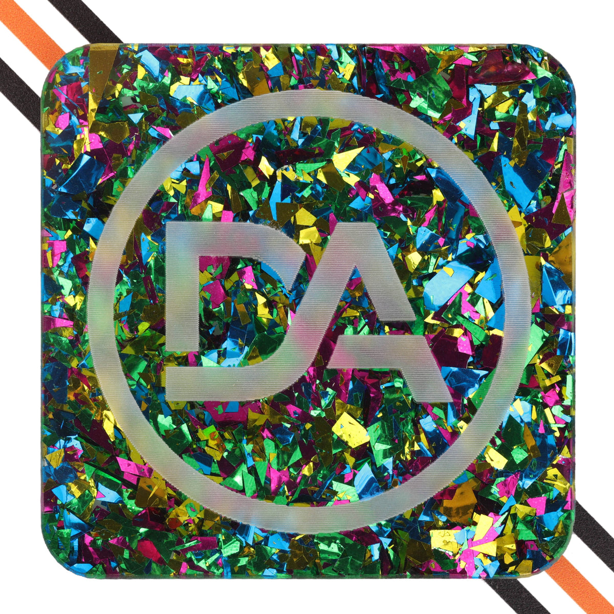 Thick clear acrylic sheet with multicolor peacock-toned confetti