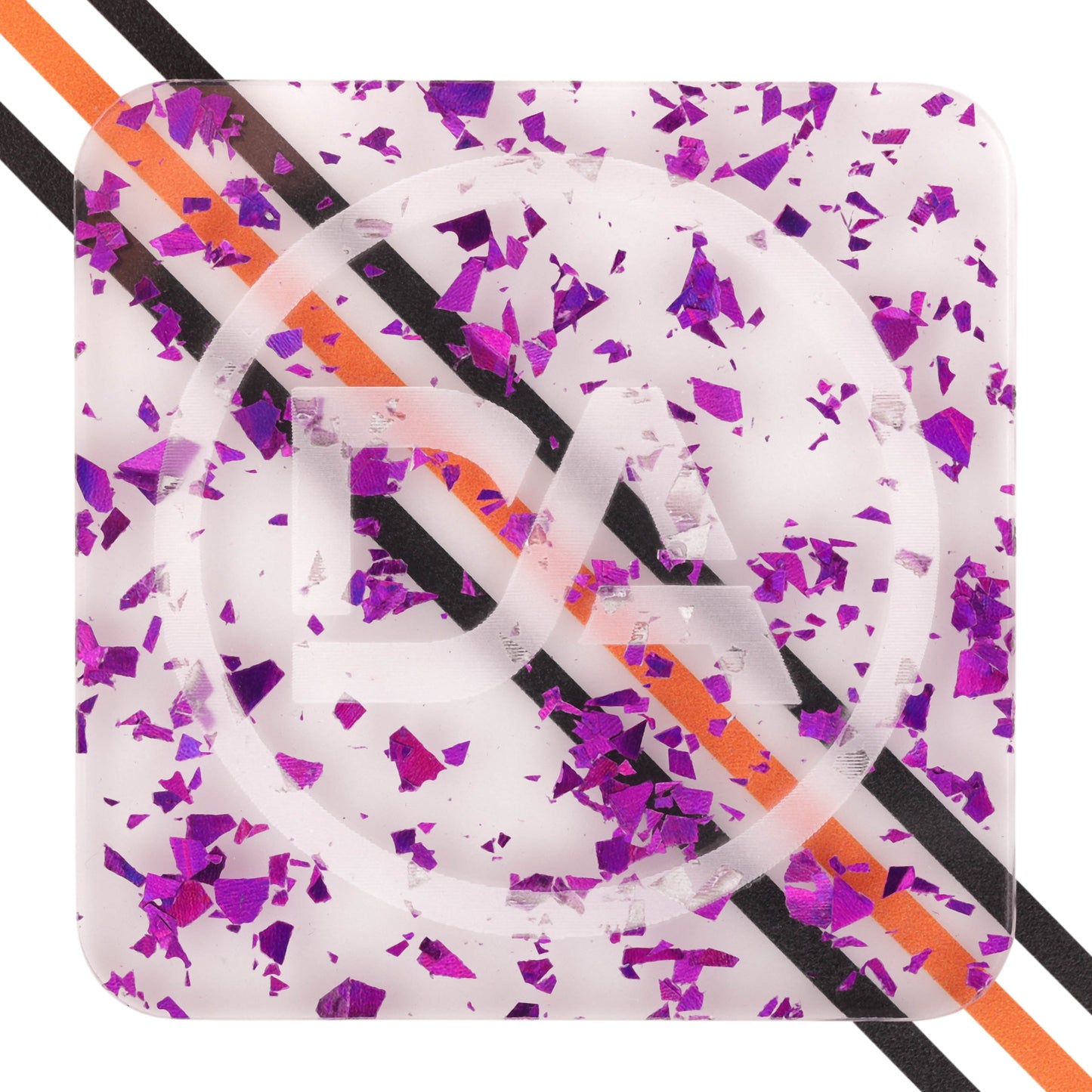 Clear acrylic with sparkling purple foil flakes embedded throughout