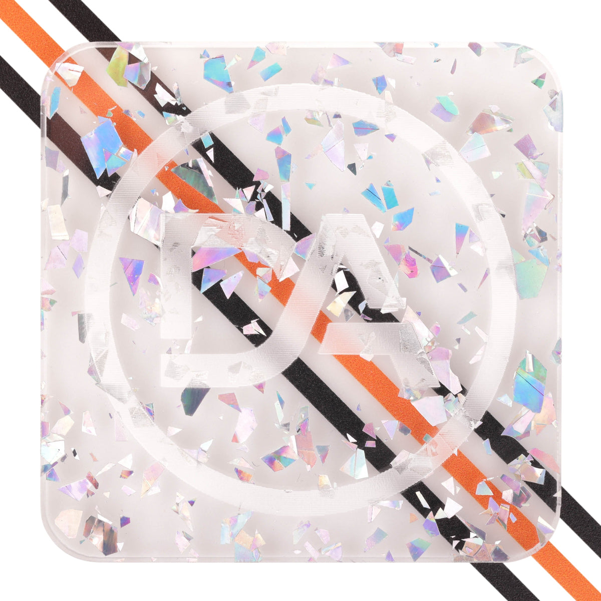 Clear acrylic with embedded metallic silver foil flakes